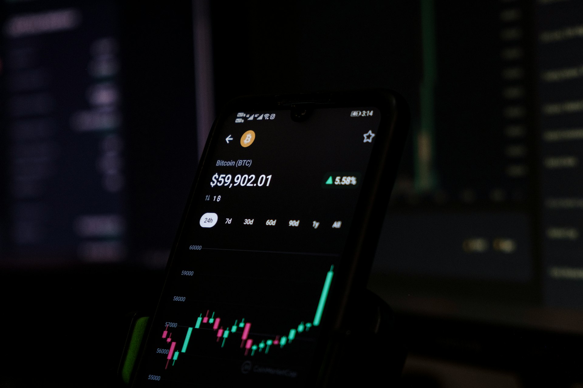 a cell phone displaying a stock chart on the screen